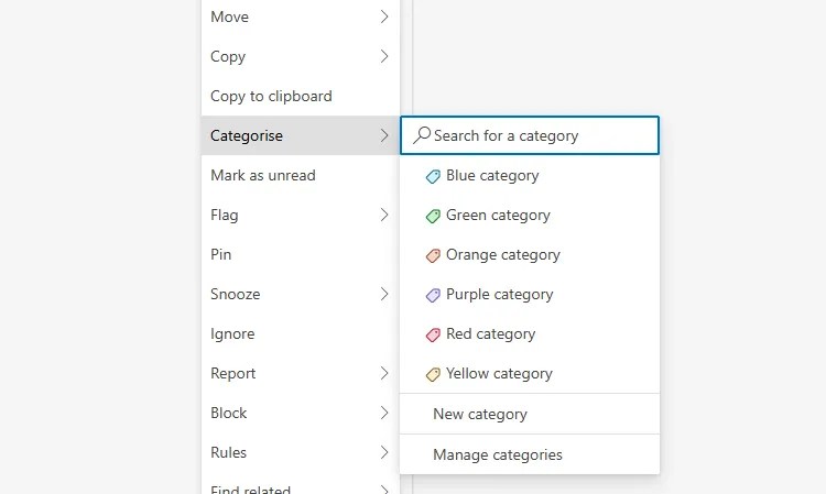 The Categorize option in the new Outlook for Windows, and the default color categorizations available to assign.