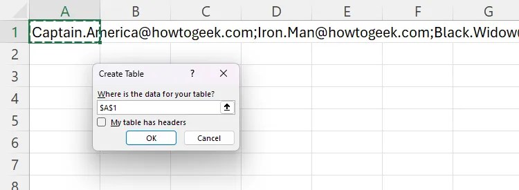 The Create Table dialog box, with A1 identified as the source of the data, and the header checkbox unchecked.