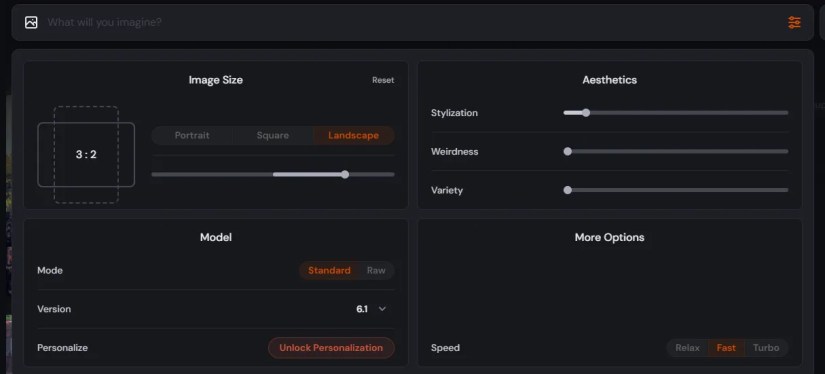 The parameters in Midjourney&rsquo;s web interface.
