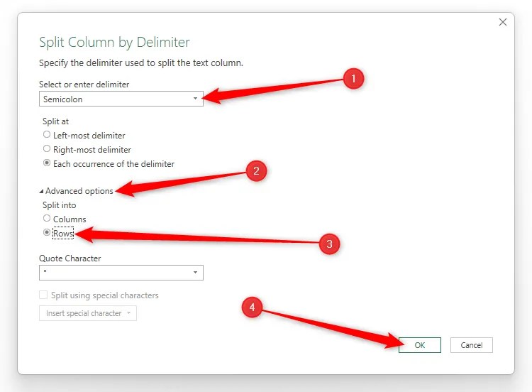 The Split Column By Delimited dialog box in Excel&rsquo;s Power Query, with &lsquo;Semicolon&rsquo; and &lsquo;Rows&rsquo; selected.
