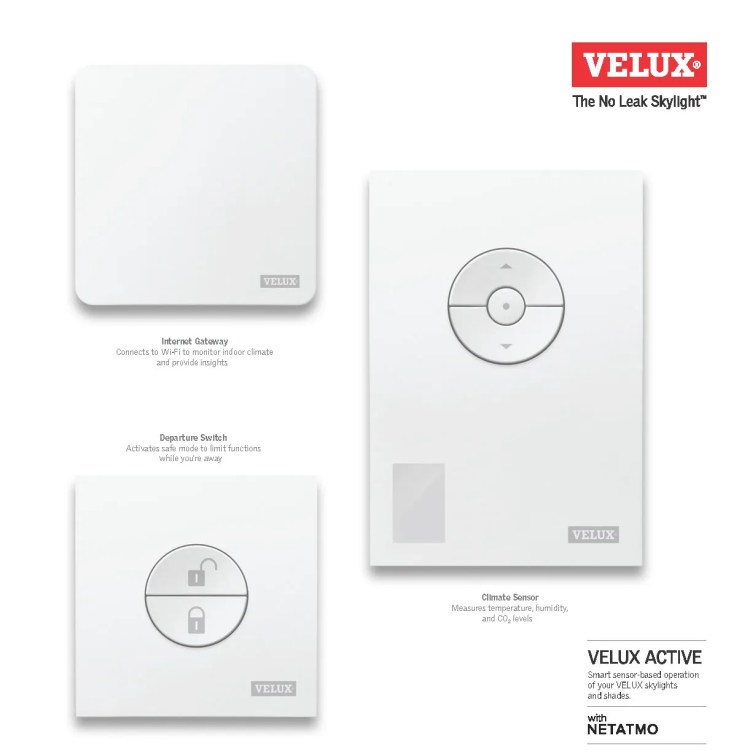 Velux Active 3 main components shown with labels: Internet Gateway, Climate Sensor, and Departure Switch.
