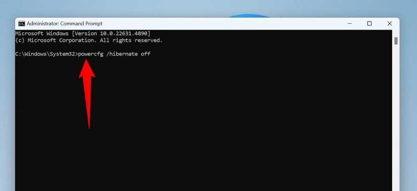 The command to disable hibernation typed in Command Prompt.