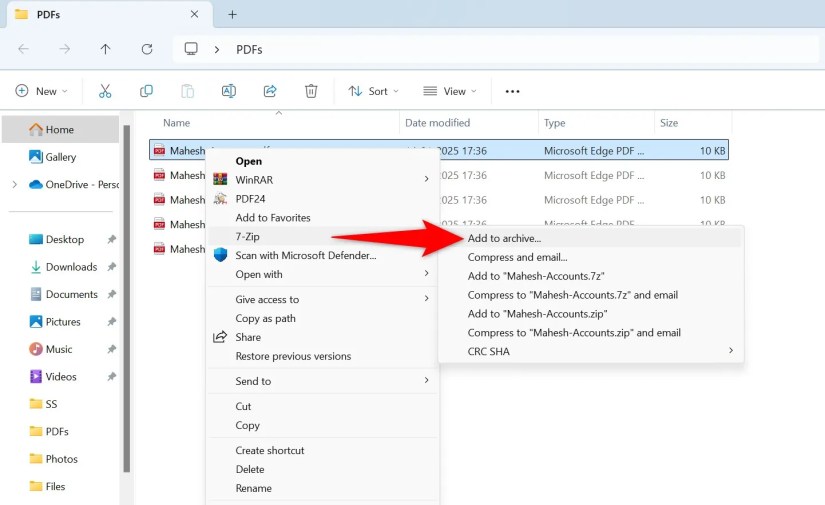 7-Zip &gt; Add to Archive highlighted for a PDF file.