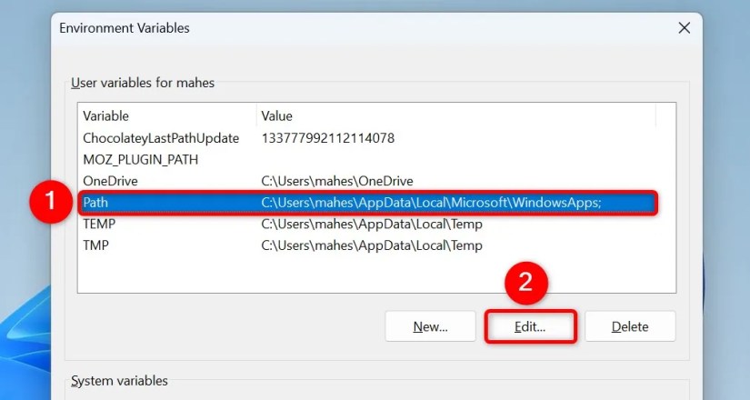 &ldquo;Path&rdquo; and &ldquo;Edit&rdquo; highlighted on the &ldquo;Environment Variables&rdquo; window.