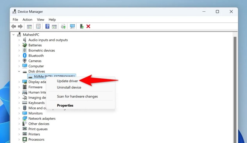 &ldquo;Update Driver&rdquo; highlighted for an SSD drive in Device Manager.