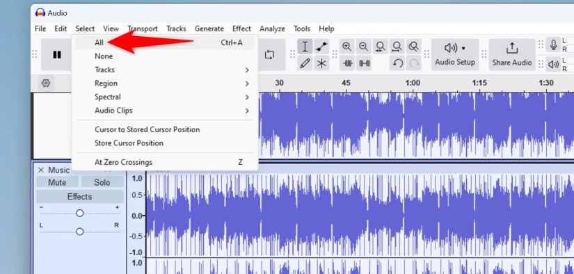 Select &gt; All highlighted in Audacity.