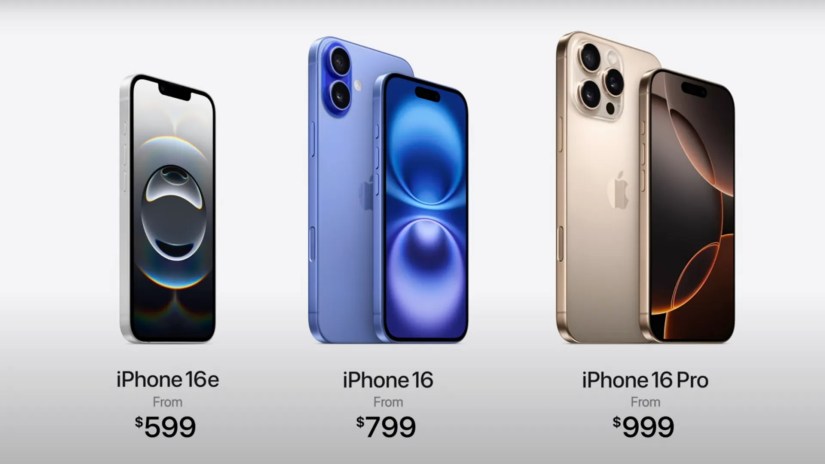 iPhone 16e&rsquo;s price next to the iPhone 16 and iPhone 16 Pro.