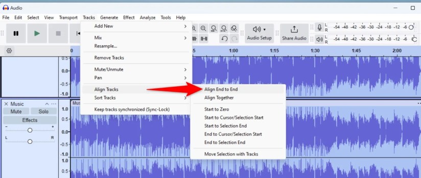 Tracks &gt; Align Tracks &gt; Align End to End highlighted in Audacity.