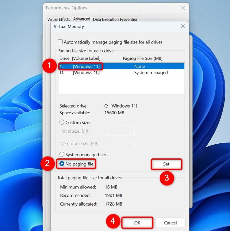 The options to disable paging file highlighted on the &ldquo;Virtual Memory&rdquo; window.
