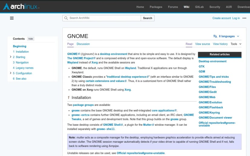 The ArchWiki showing the main GNOME page.