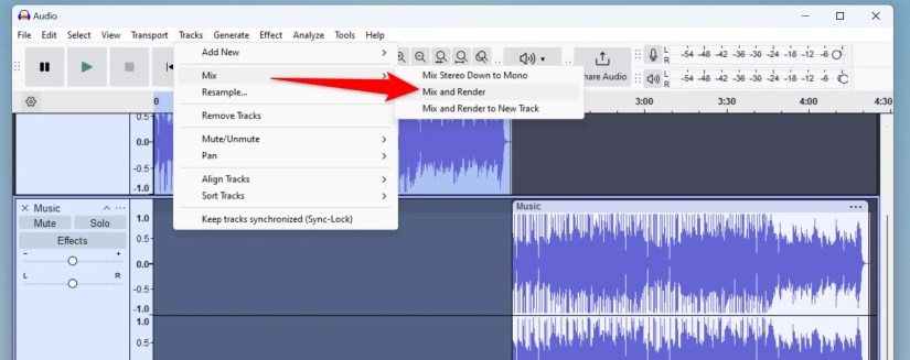 Tracks &gt; Mix &gt; Mix and Render highlighted in Audacity.