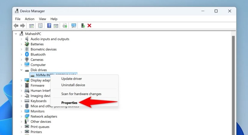 &ldquo;Properties&rdquo; highlighted for an SSD drive in Device Manager.