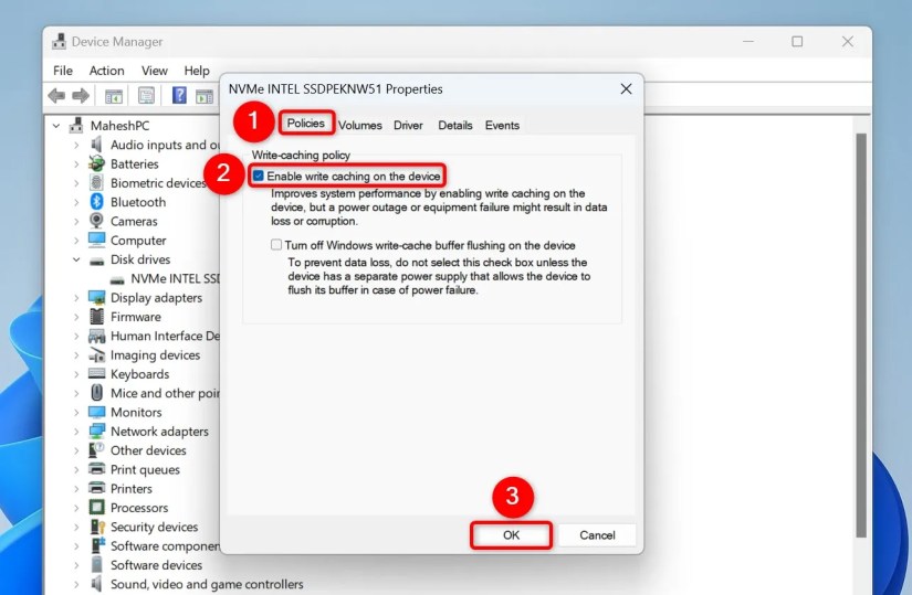 The options to enable write caching highlighted on an SSD&rsquo;s &ldquo;Properties&rdquo; window.