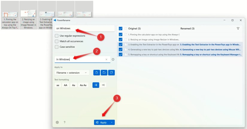 Renaming multiple files using the PowerRename tool in the PowerToys app on Windows.