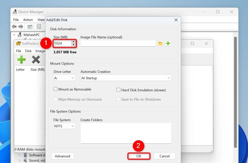 &ldquo;Size (MB)&rdquo; and &ldquo;OK&rdquo; highlighted on the &ldquo;Add/Edit Disk&rdquo; window.