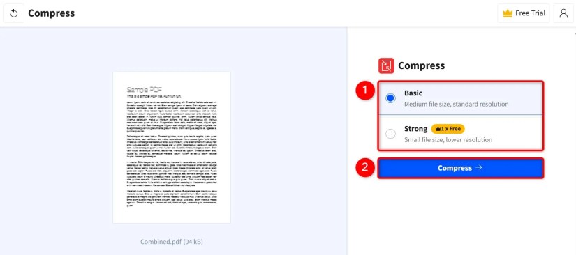 Compression options and &ldquo;Compress&rdquo; highlighted on Smallpdf.