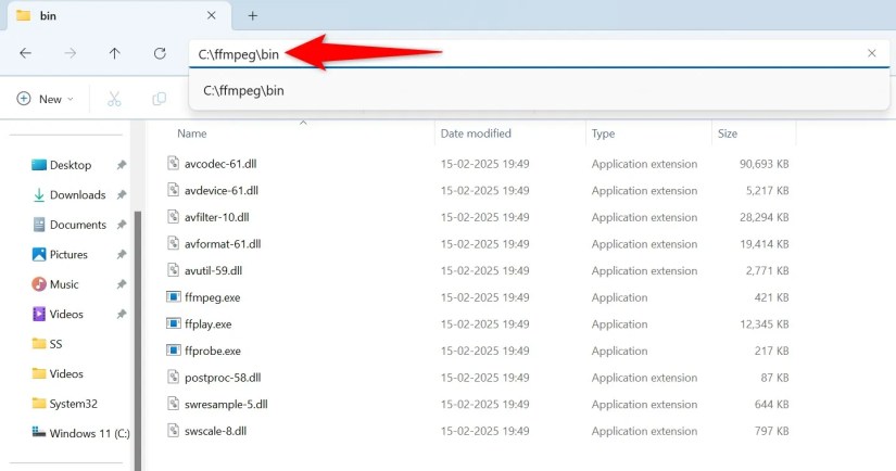 FFmpeg&rsquo;s folder path highlighted in File Explorer.