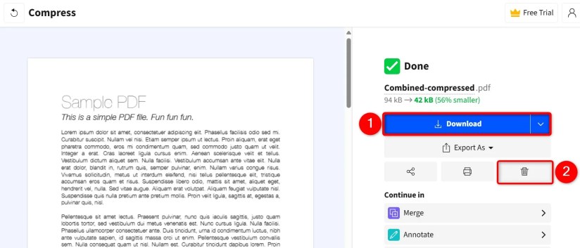 &ldquo;Download&rdquo; and the trash can icon highlighted on Smallpdf.