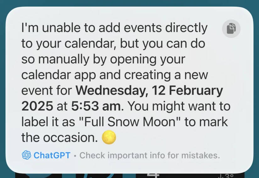A message from ChatGPT via Siri stating that it is unable to add events to the calendar.