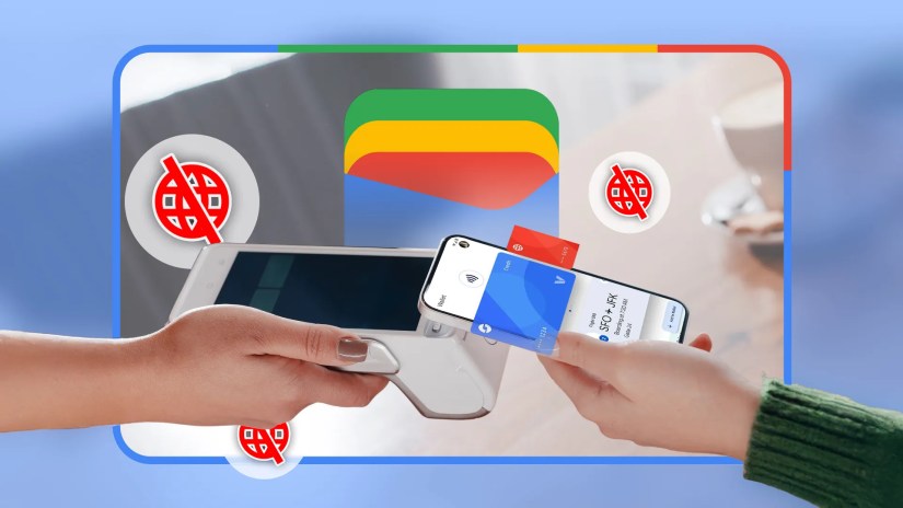 A person using their phone to make a payment via NFC on a card machine, with the Google Wallet logo in the background and &lsquo;no internet&rsquo; icons around.