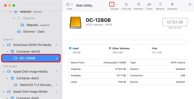 Disk Utility with an external disk selected in the sidebar and an annotated Add Volume button in the toolbar.