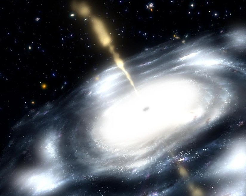 A &ldquo;reverse&rdquo; black hole in the center of a gallaxy shooting powerful golden jets of radio waves.