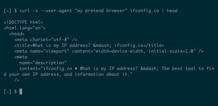 Output from a curl request to ifconfig.co with a modified user agent showing HTML source in response.