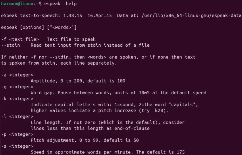 Displaying manual page of eSpeak program on Ubuntu terminal.