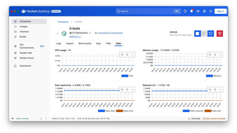Docker Desktop showing the details of a running container.
