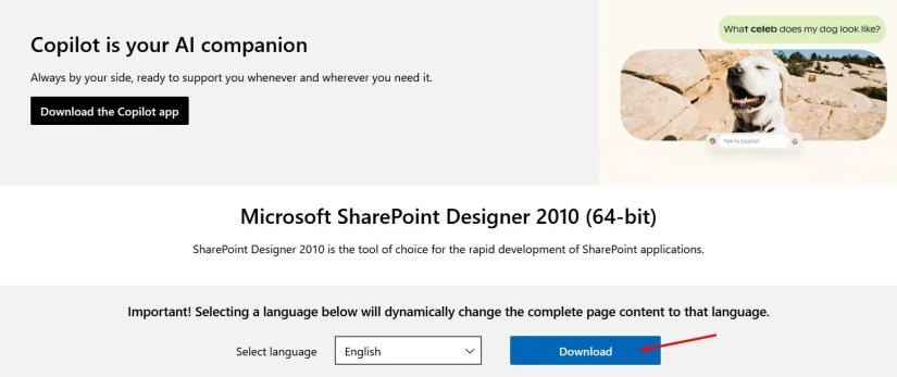 Download option on the Microsoft page.