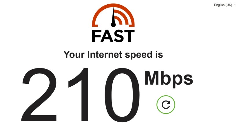 Fast dot com&rsquo;s speed test results.