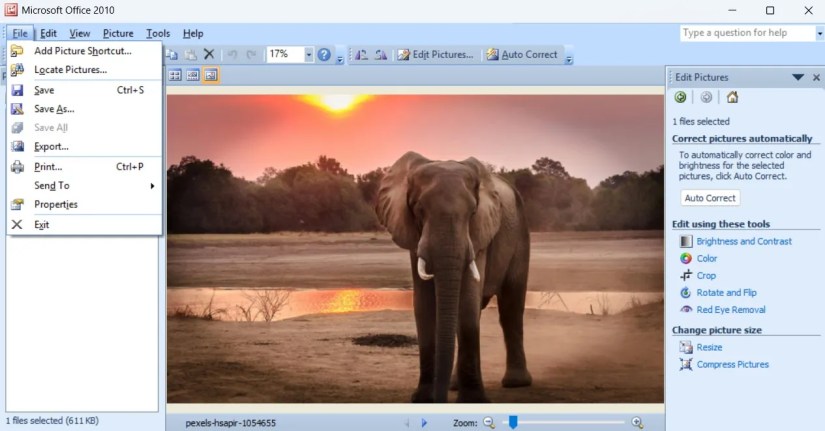 File option in the Microsoft Office Picture Manager app.