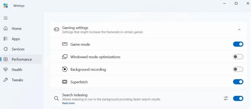 Gaming Settings section in the Wintoys app.
