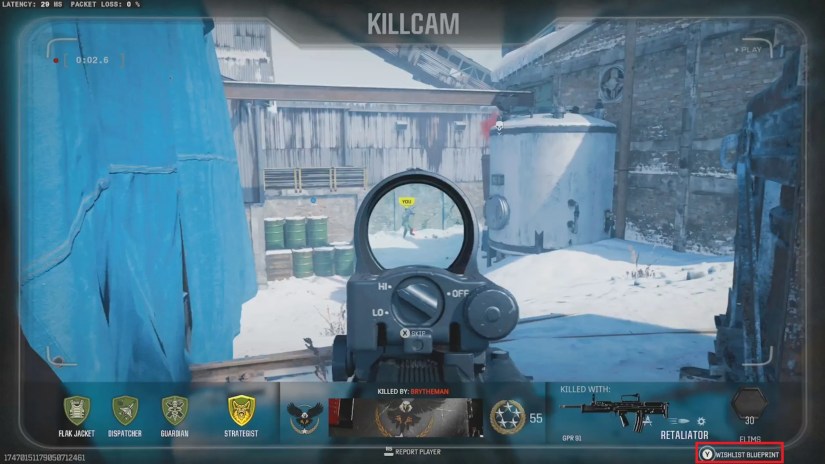 Call of Duty screenshot showing a &lsquo;Wishlist Blueprint&rsquo; button