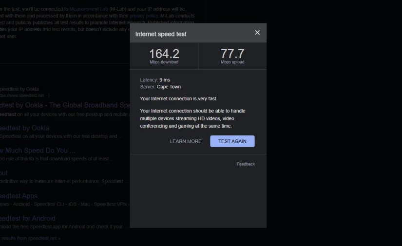 Google&rsquo;s speed test results.