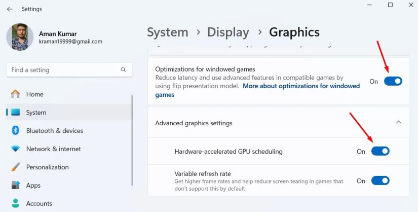 Graphics window in the Settings app.