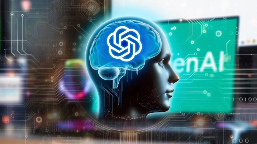 Illustration of a head with the ChatGPT logo in the brain.