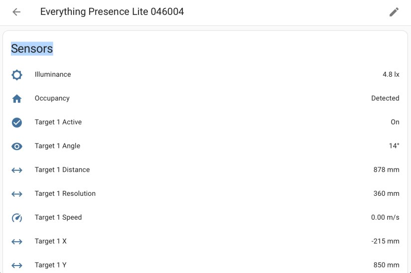 Information about illuminance, occupancy, target angle, target distance, target resolution, and target speed from an Everything Presence Lite sensor in Home Assistant.