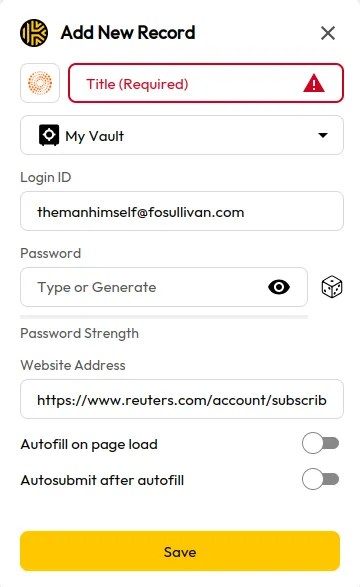 Creating a login with Keeper Security.