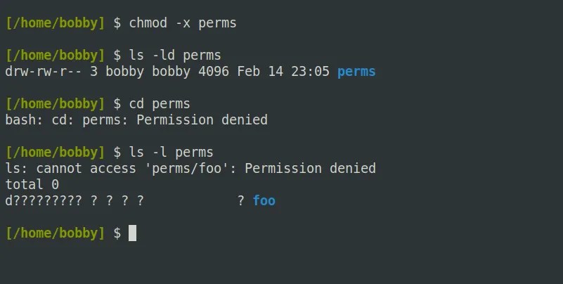 Removing execute permission on a directory prevents it from being entered and detailed information about its contents being displayed.