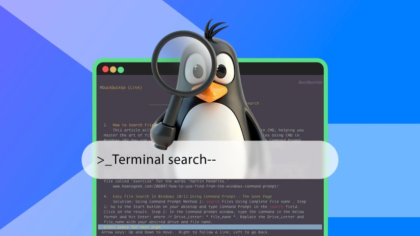 Linux terminal, a search bar in the center, and Tux holding a magnifying glass.