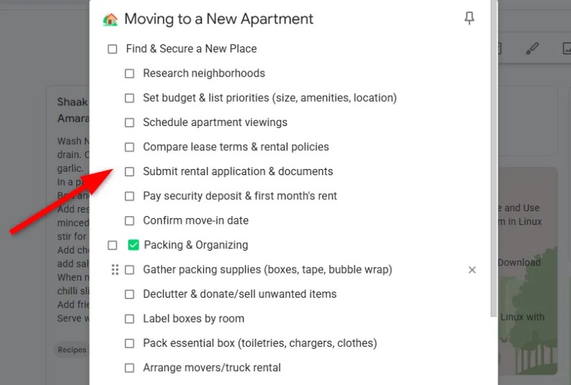 Some random note with sub-checklist items on Google Keep.