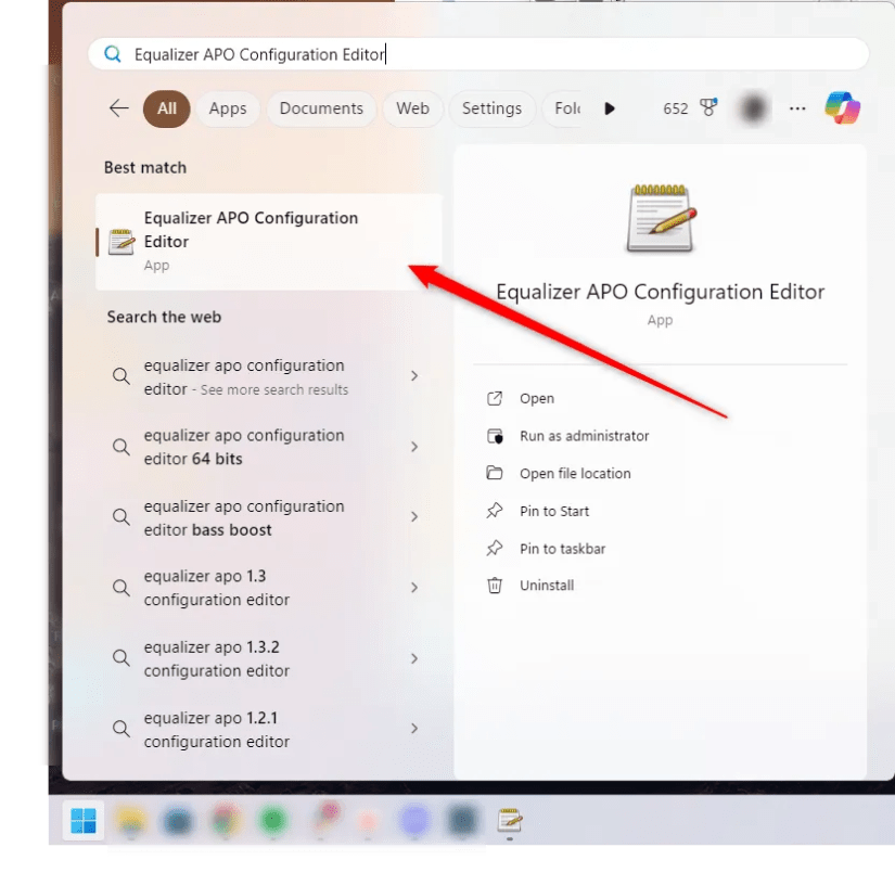 The Windows Start menu with &ldquo;Equalizer APO Configuration Editor&rdquo; typed into search.