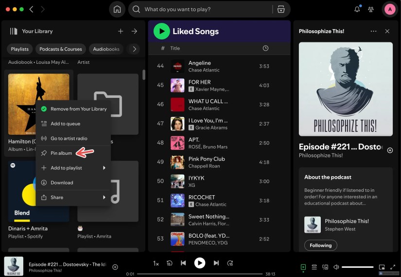 Pinning an item in Spotify&rsquo;s library on the desktop app.