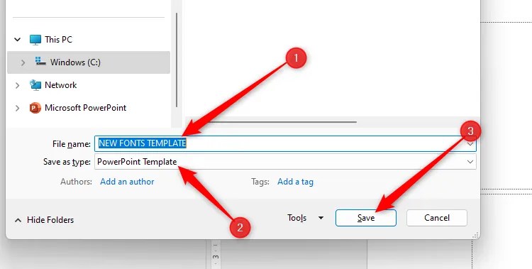 PowerPoint&rsquo;s Save As dialog box, with the File Name changed to NEW FONTS TEMPLATE, the Save As Type option changed to PowerPoint Template, and the Save button selected.