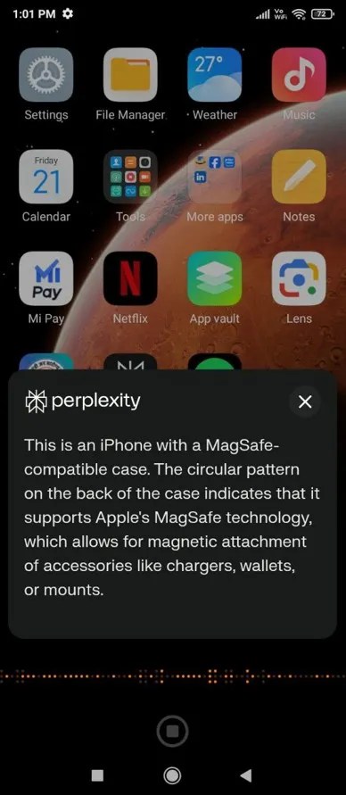 Preplexity assistant describing what&rsquo;s in front of the camera.