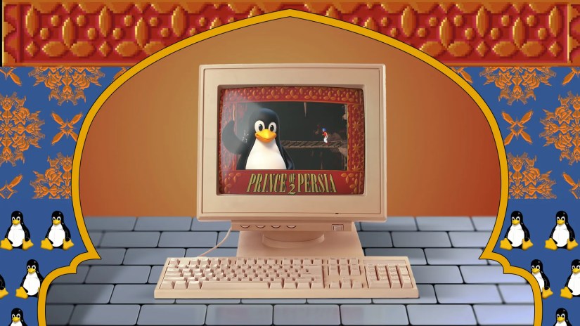 An old PC running Prince of Persia 2 with the Linux mascot on the screen.