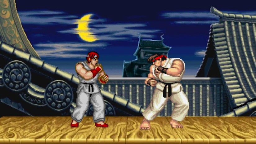 Ryu from Street Fighter facing off against Ryu from Street Fighter 2.