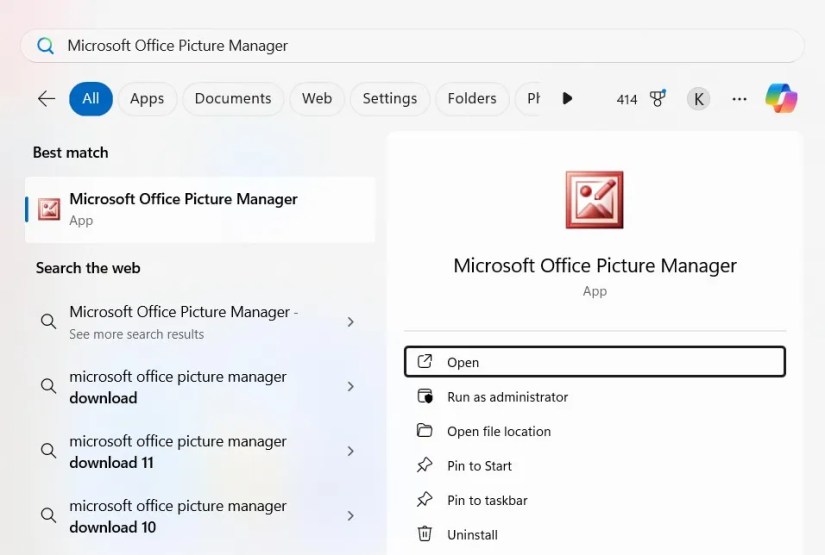 Searching for Microsoft Office Picture Manager in the Start menu.