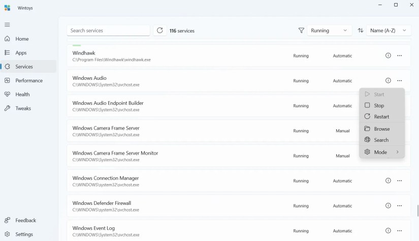 Services window of the Wintoys app.